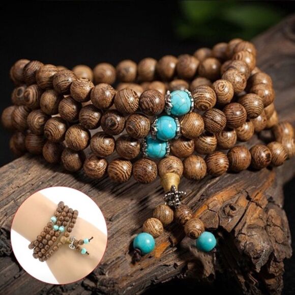 Brown & Turquoise Buddha Beads Wrap Bracelet - Picture 2 of 8